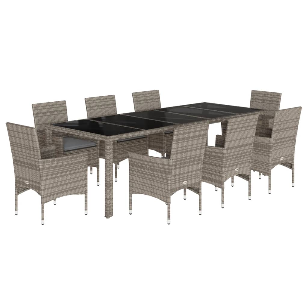 9 részes szürke polyrattan/üveg kerti étkezőgarnitúra párnával