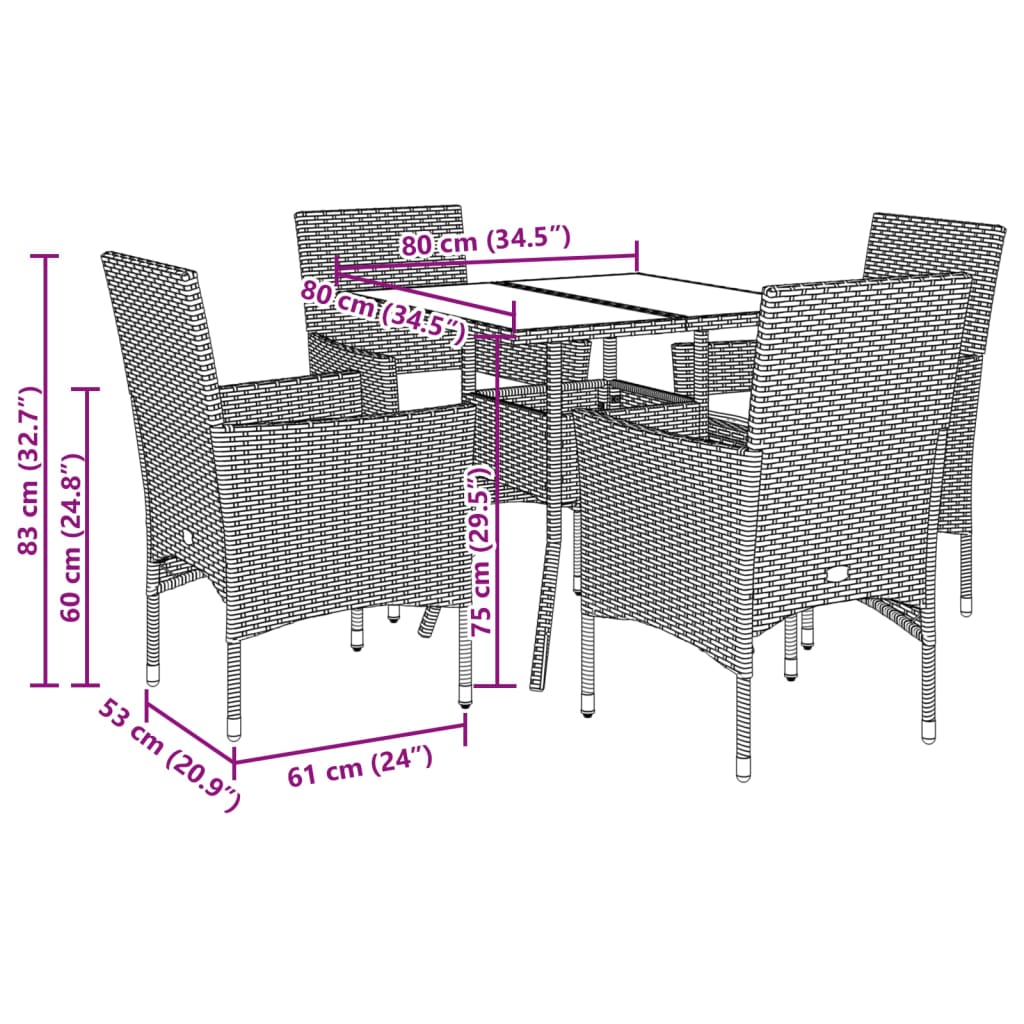 5 részes szürke polyrattan/üveg kerti étkezőgarnitúra párnával