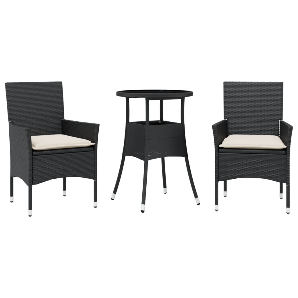 3 részes fekete polyrattan/üveg kerti étkezőgarnitúra párnákkal