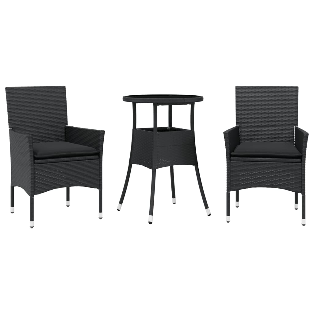 3 részes fekete polyrattan/üveg kerti étkezőgarnitúra párnákkal