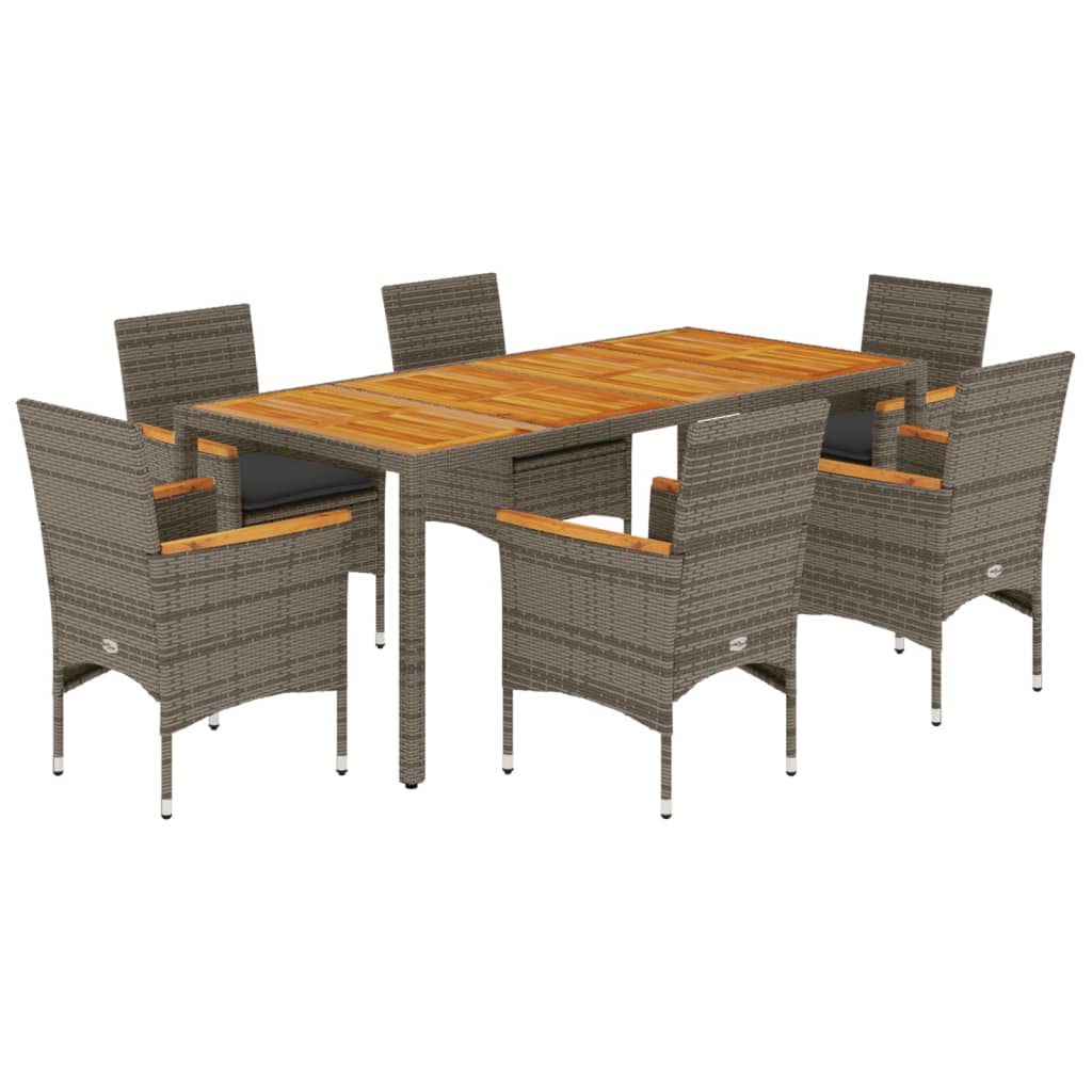 7részes szürke polyrattan/akácfa kerti étkezőgarnitúra párnával