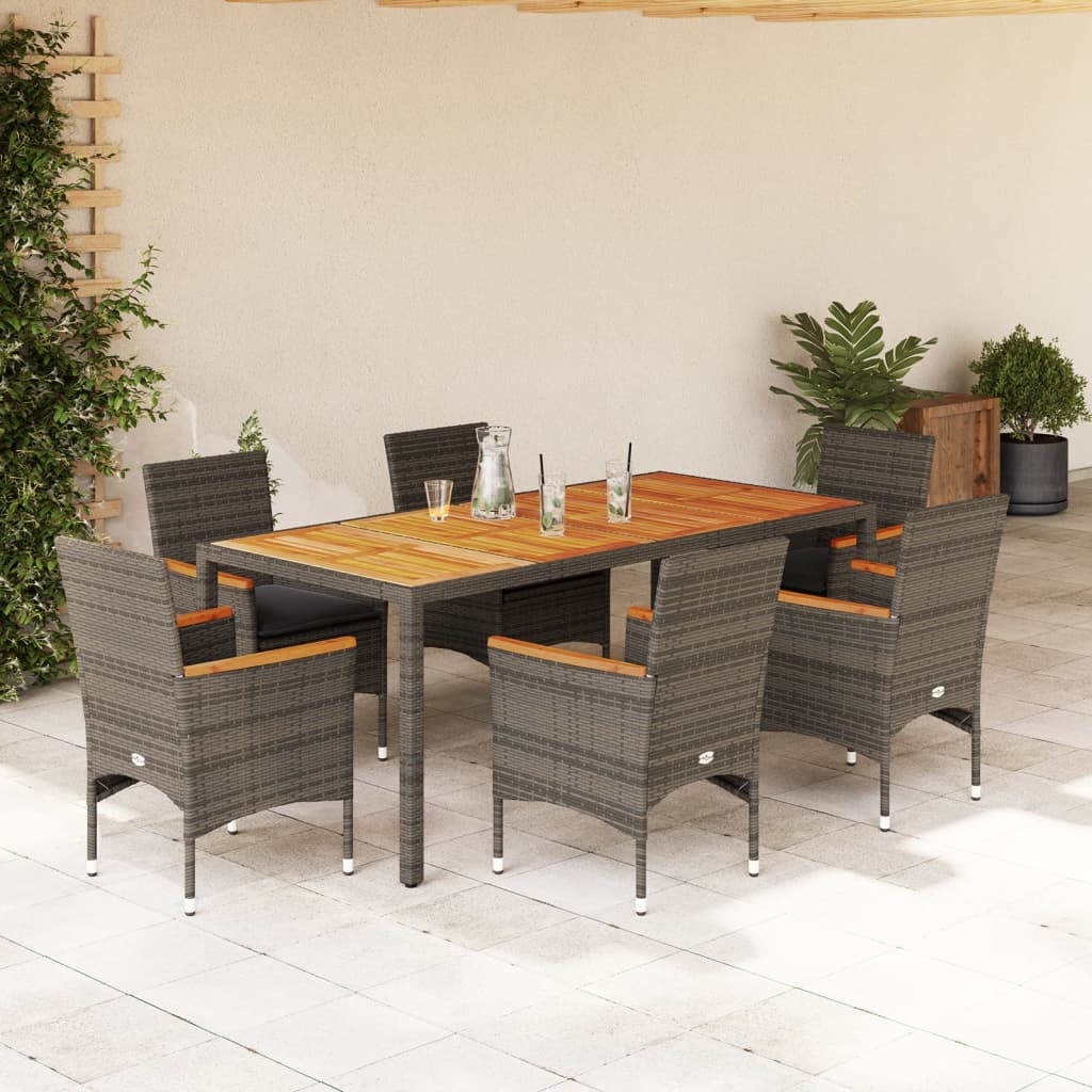7részes szürke polyrattan/akácfa kerti étkezőgarnitúra párnával