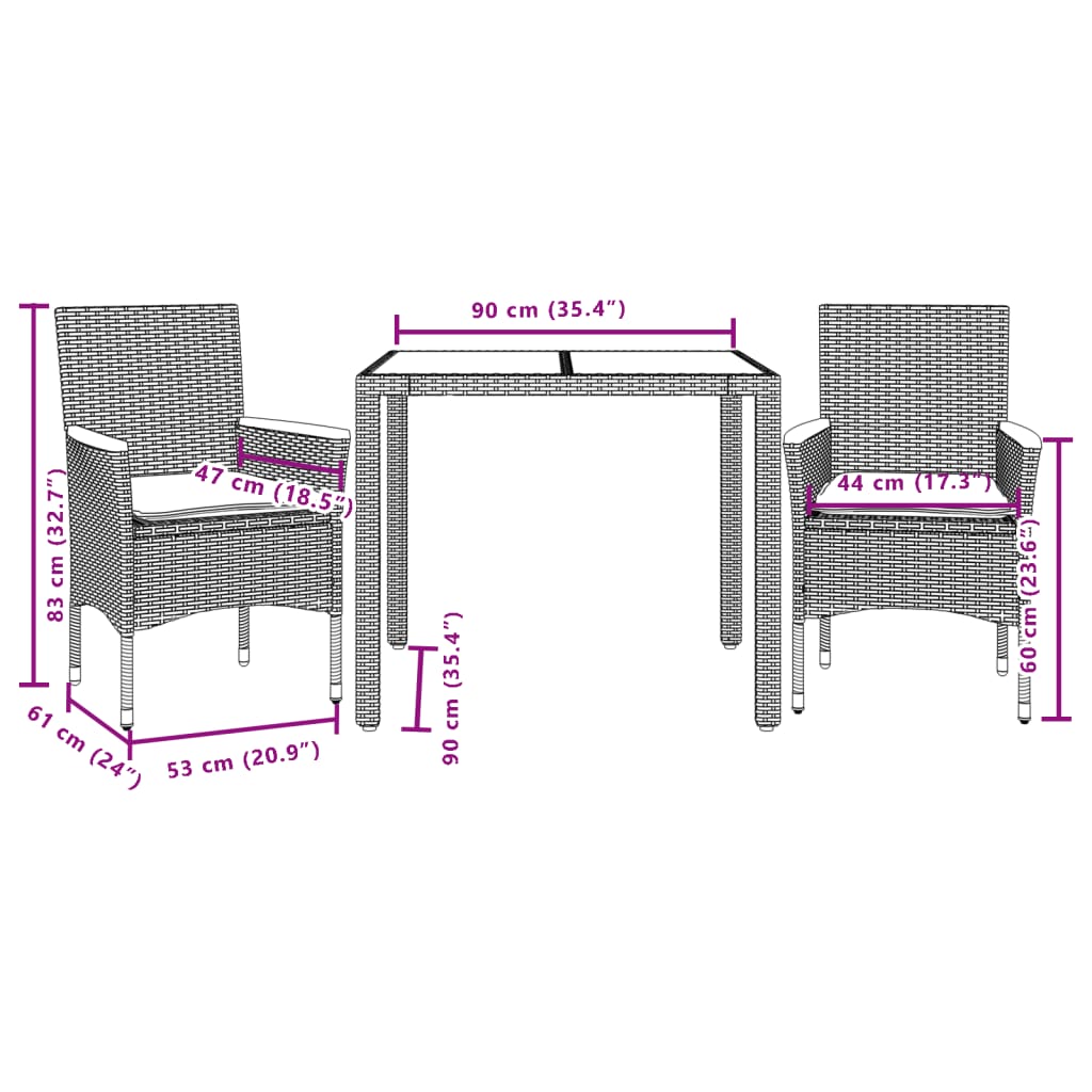 3 részes szürke polyrattan/üveg kerti étkezőgarnitúra párnával
