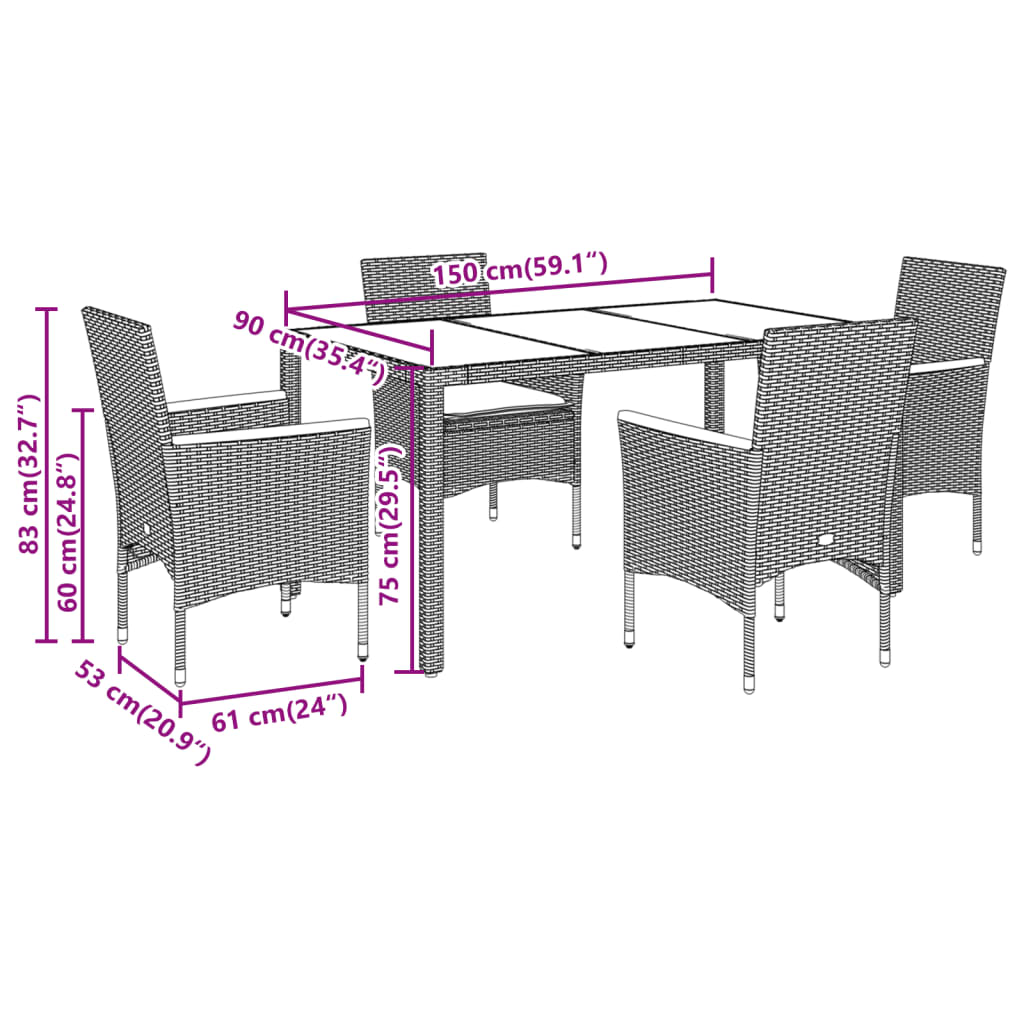 5 részes szürke polyrattan/üveg kerti étkezőgarnitúra párnával