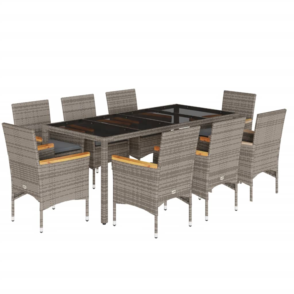 9 részes szürke polyrattan/üveg kerti étkezőgarnitúra párnával