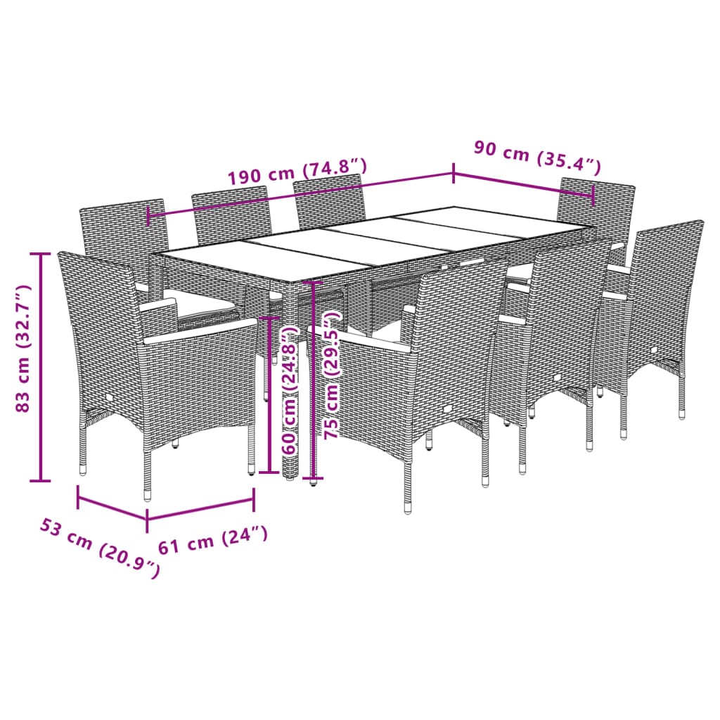 9 részes szürke polyrattan/üveg kerti étkezőgarnitúra párnával