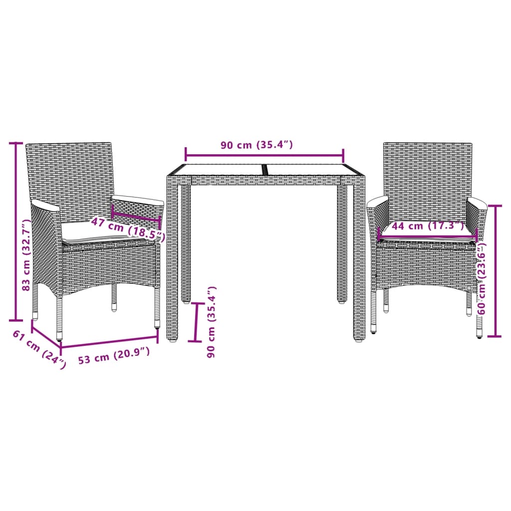 3 részes bézs polyrattan/üveg kerti étkezőgarnitúra párnákkal