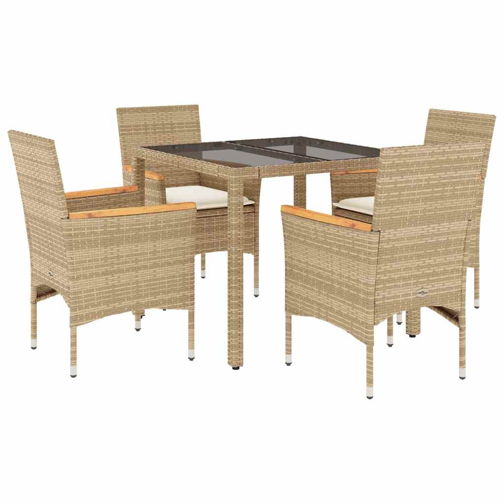 5 részes bézs polyrattan/üveg kerti étkezőgarnitúra párnákkal