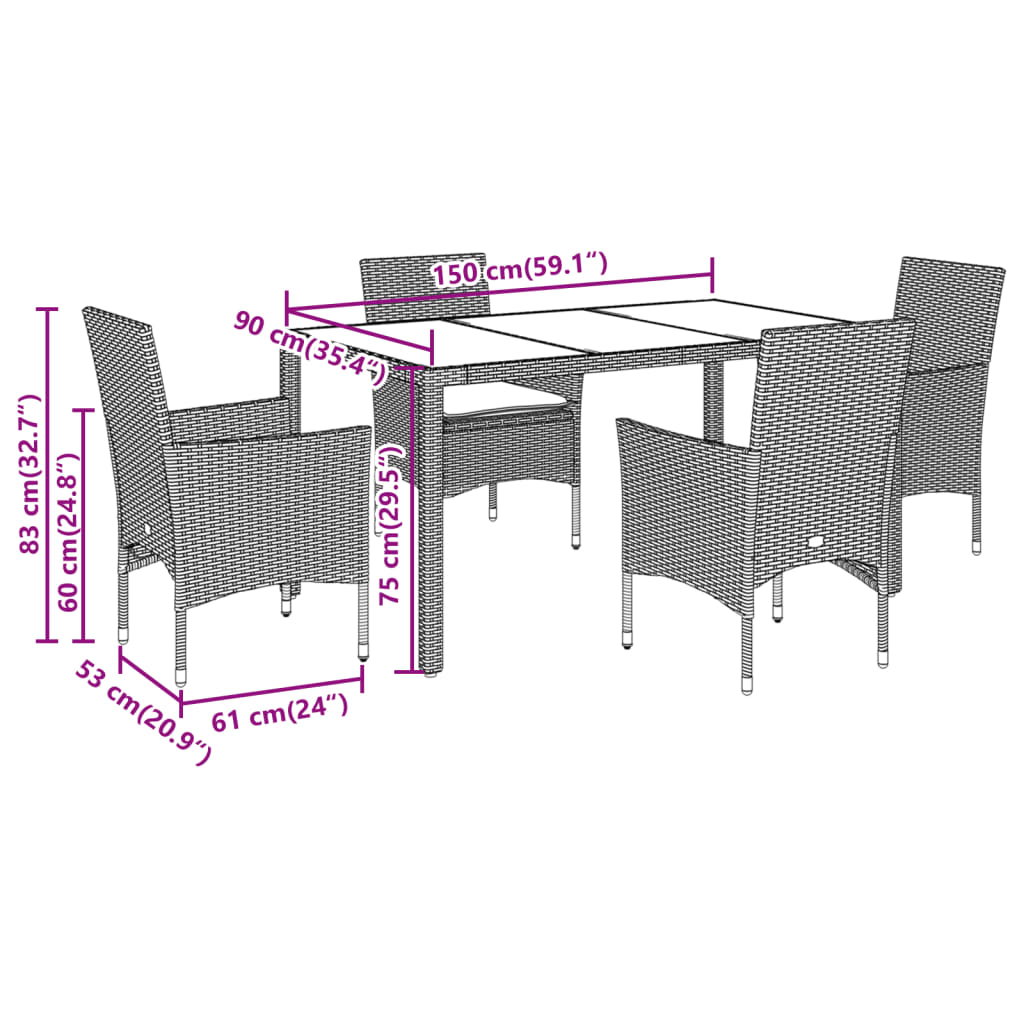 5részes fekete polyrattan/akácfa kerti étkezőgarnitúra párnákkal