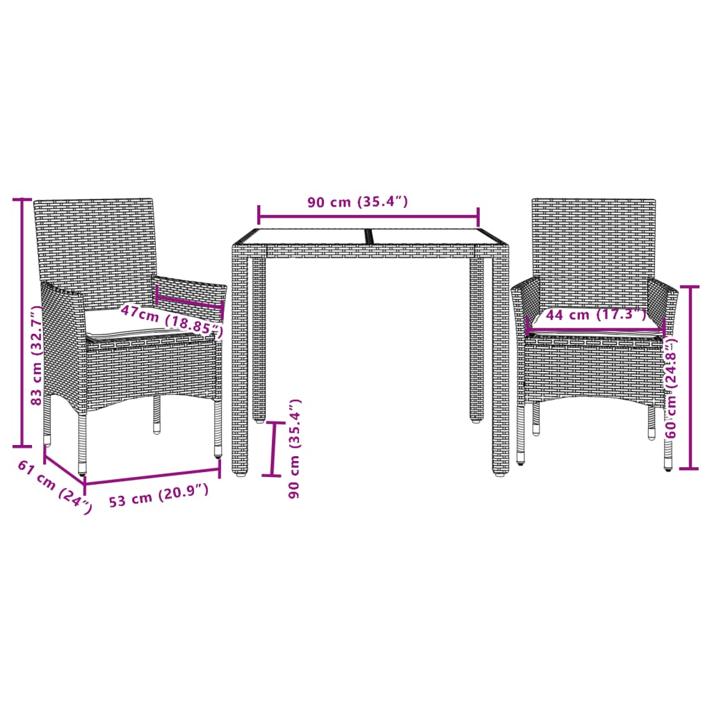 3részes fekete polyrattan/akácfa kerti étkezőgarnitúra párnákkal