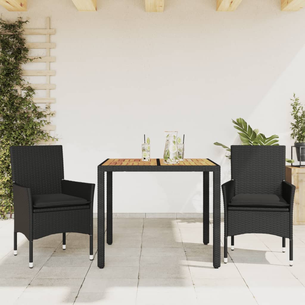 3részes fekete polyrattan/akácfa kerti étkezőgarnitúra párnákkal