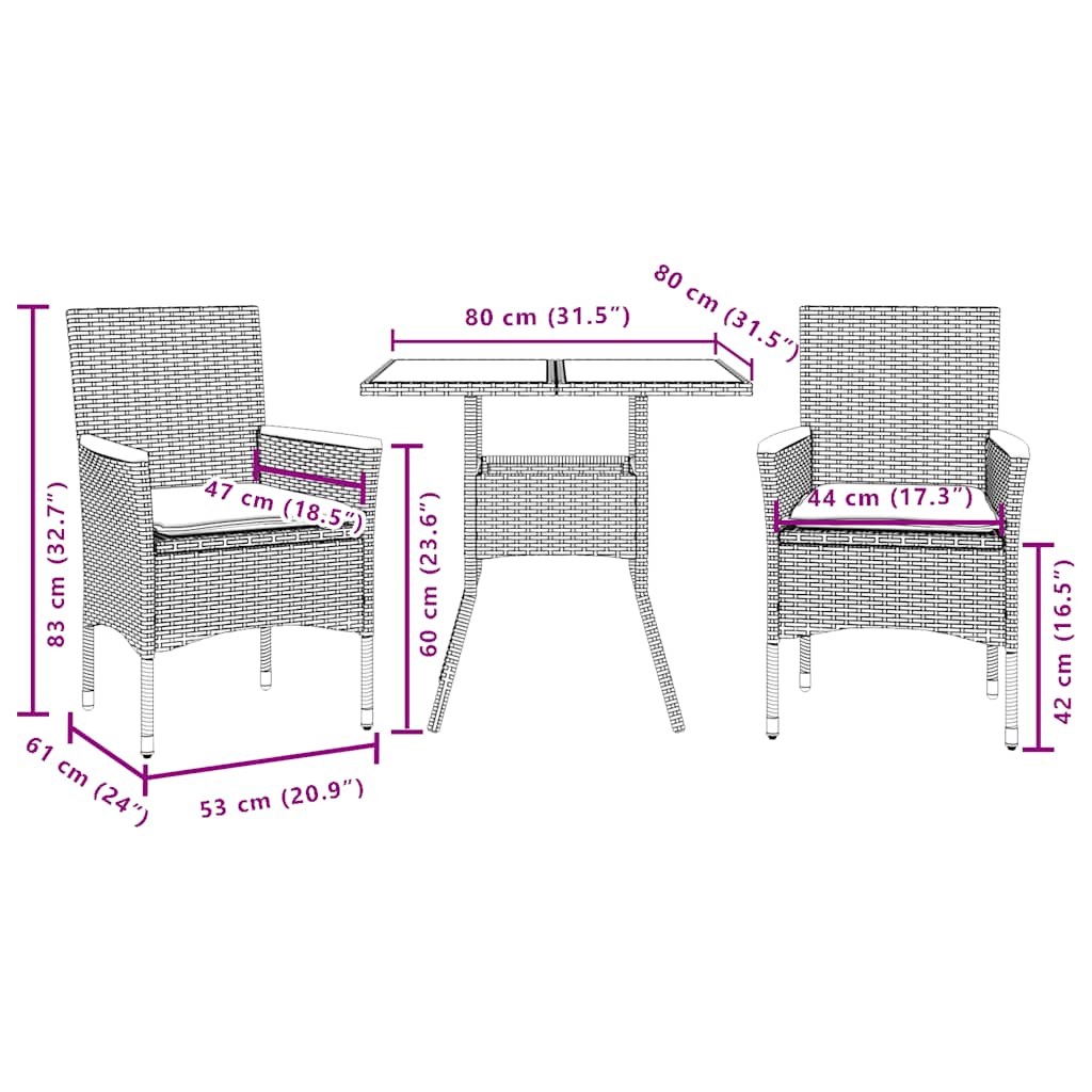 3részes fekete polyrattan/akácfa kerti étkezőgarnitúra párnákkal