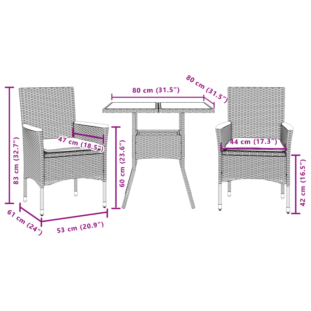 3részes szürke polyrattan/akácfa kerti étkezőgarnitúra párnával