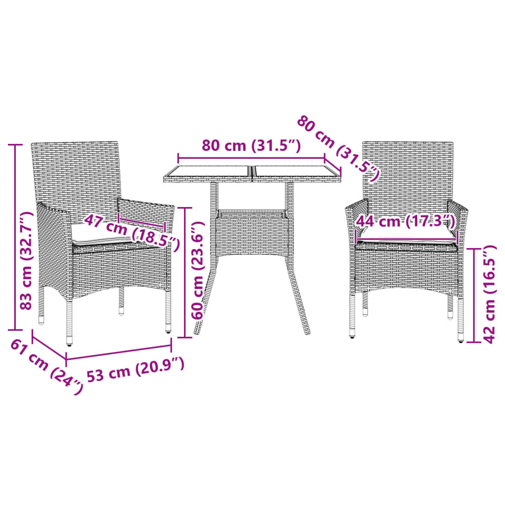 3részes fekete polyrattan/akácfa kerti étkezőgarnitúra párnákkal