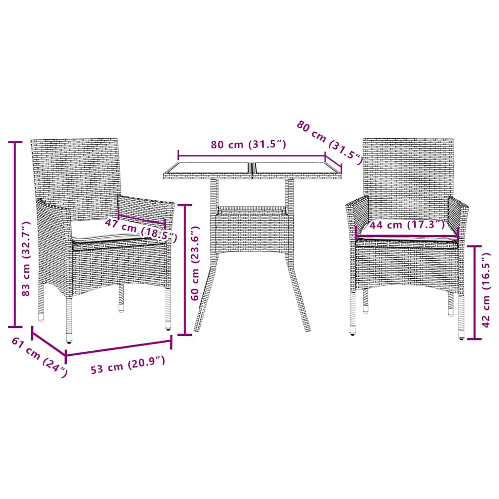 3részes fekete polyrattan/akácfa kerti étkezőgarnitúra párnákkal