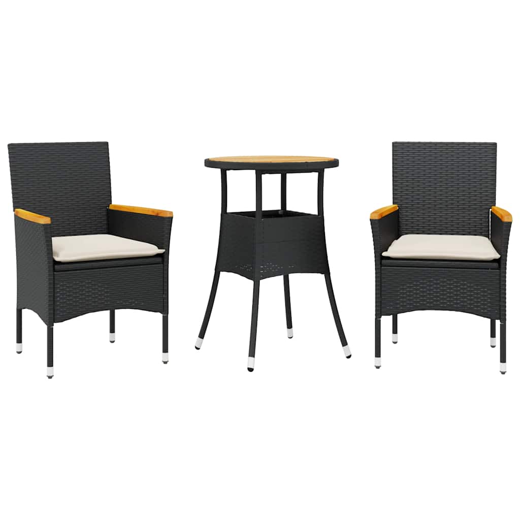 3részes fekete polyrattan/akácfa kerti étkezőgarnitúra párnákkal