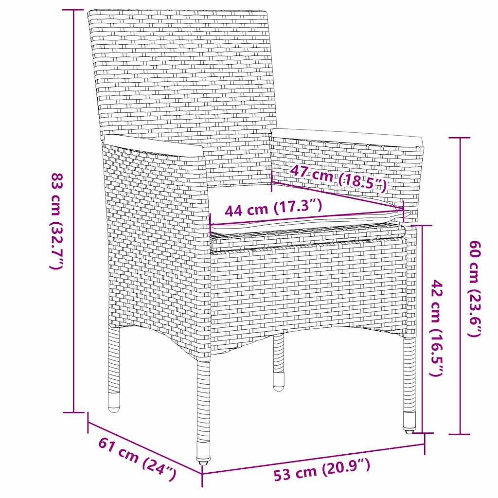 3részes fekete polyrattan/akácfa kerti étkezőgarnitúra párnákkal