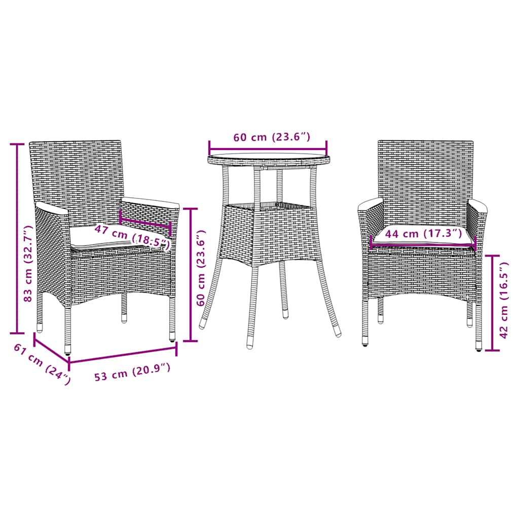 3 részes fekete polyrattan/üveg kerti étkezőgarnitúra párnákkal