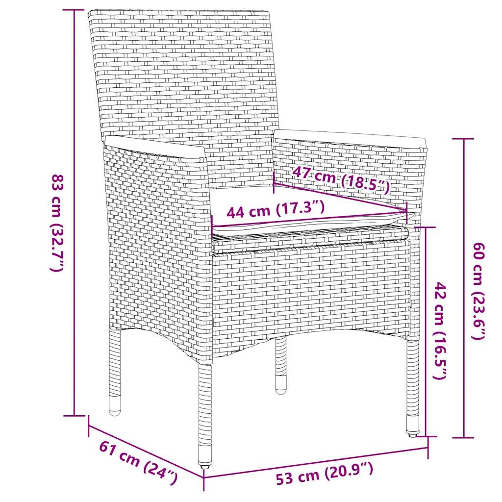 3 részes fekete polyrattan/üveg kerti étkezőgarnitúra párnákkal