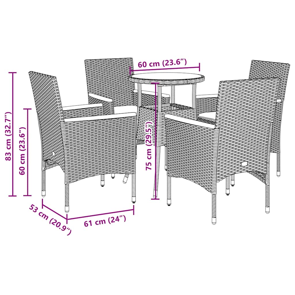 5 részes fekete polyrattan/üveg kerti étkezőgarnitúra párnákkal