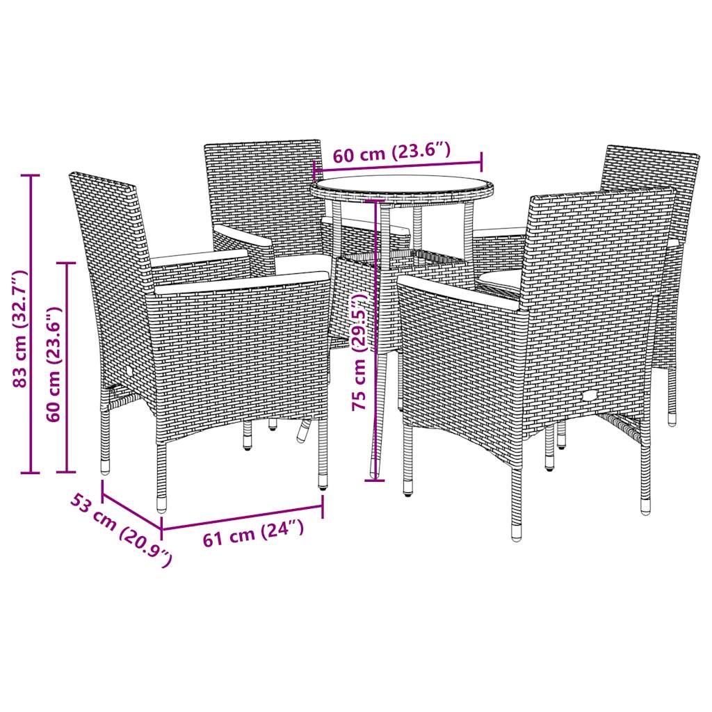 5 részes szürke polyrattan/üveg kerti étkezőgarnitúra párnával