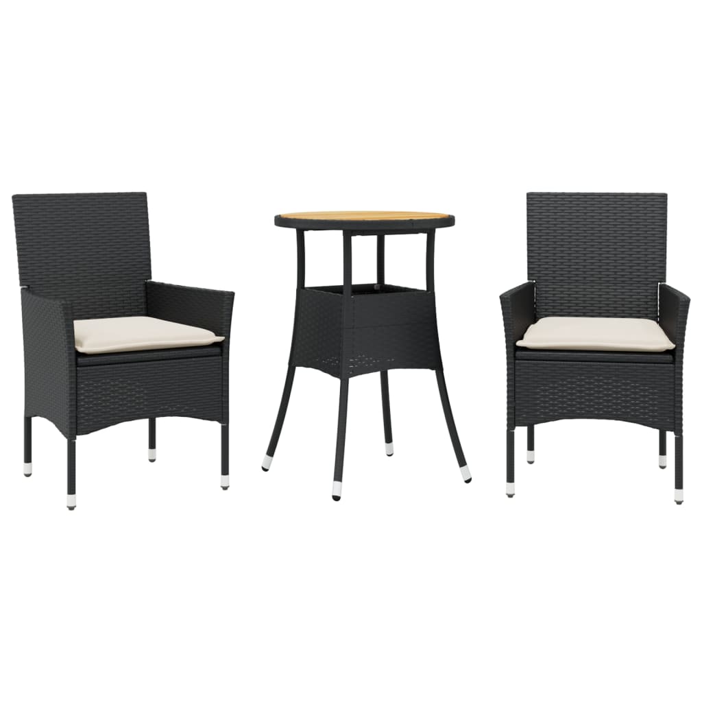 3részes fekete polyrattan/akácfa kerti étkezőgarnitúra párnákkal