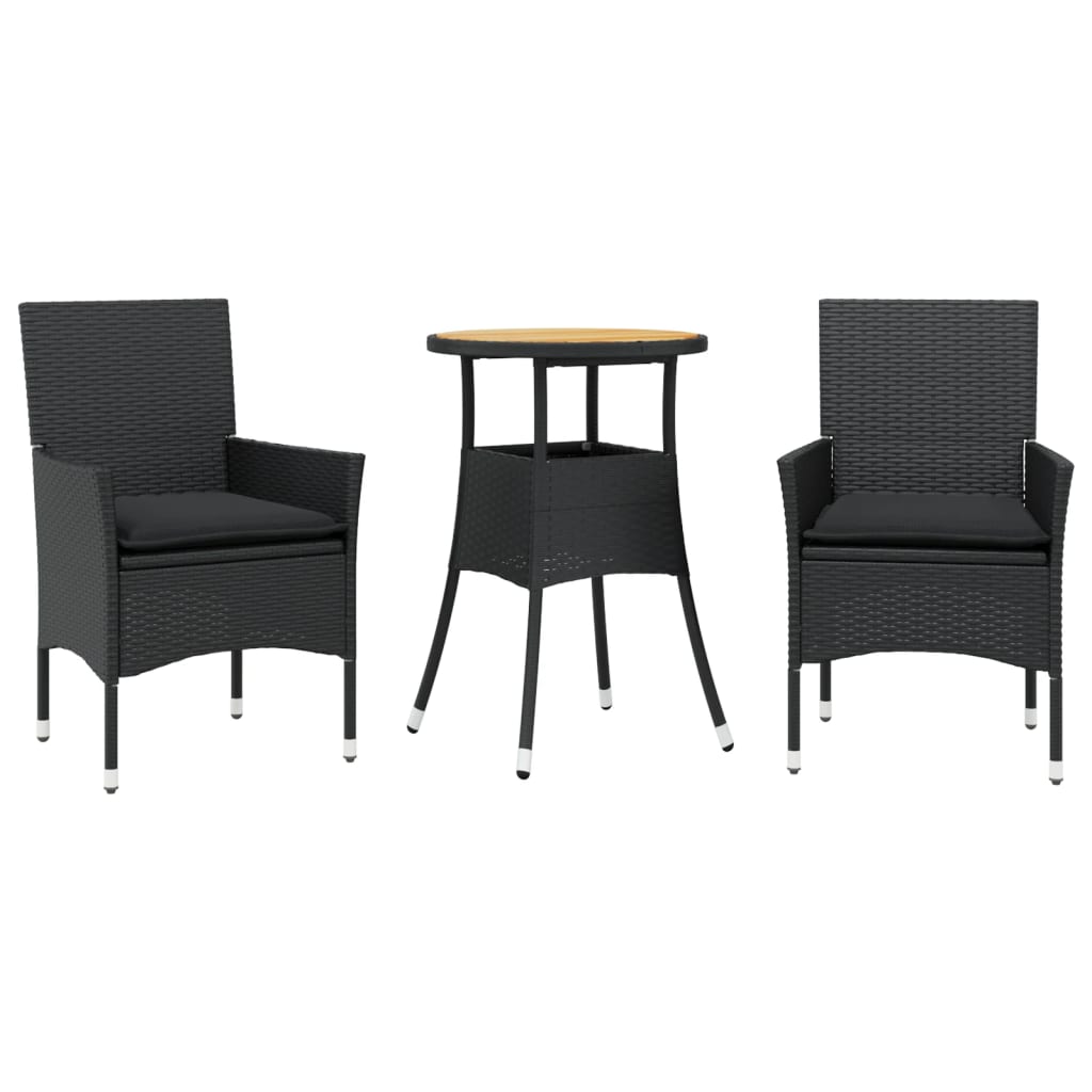 3részes fekete polyrattan/akácfa kerti étkezőgarnitúra párnákkal