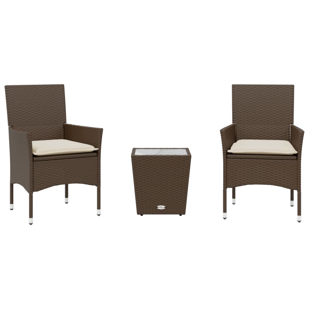 3 részes barna polyrattan/üveg bisztrógarnitúra párnákkal