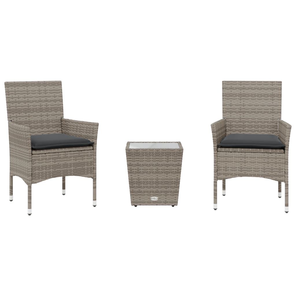 3 részes szürke polyrattan/üveg bisztrógarnitúra párnákkal