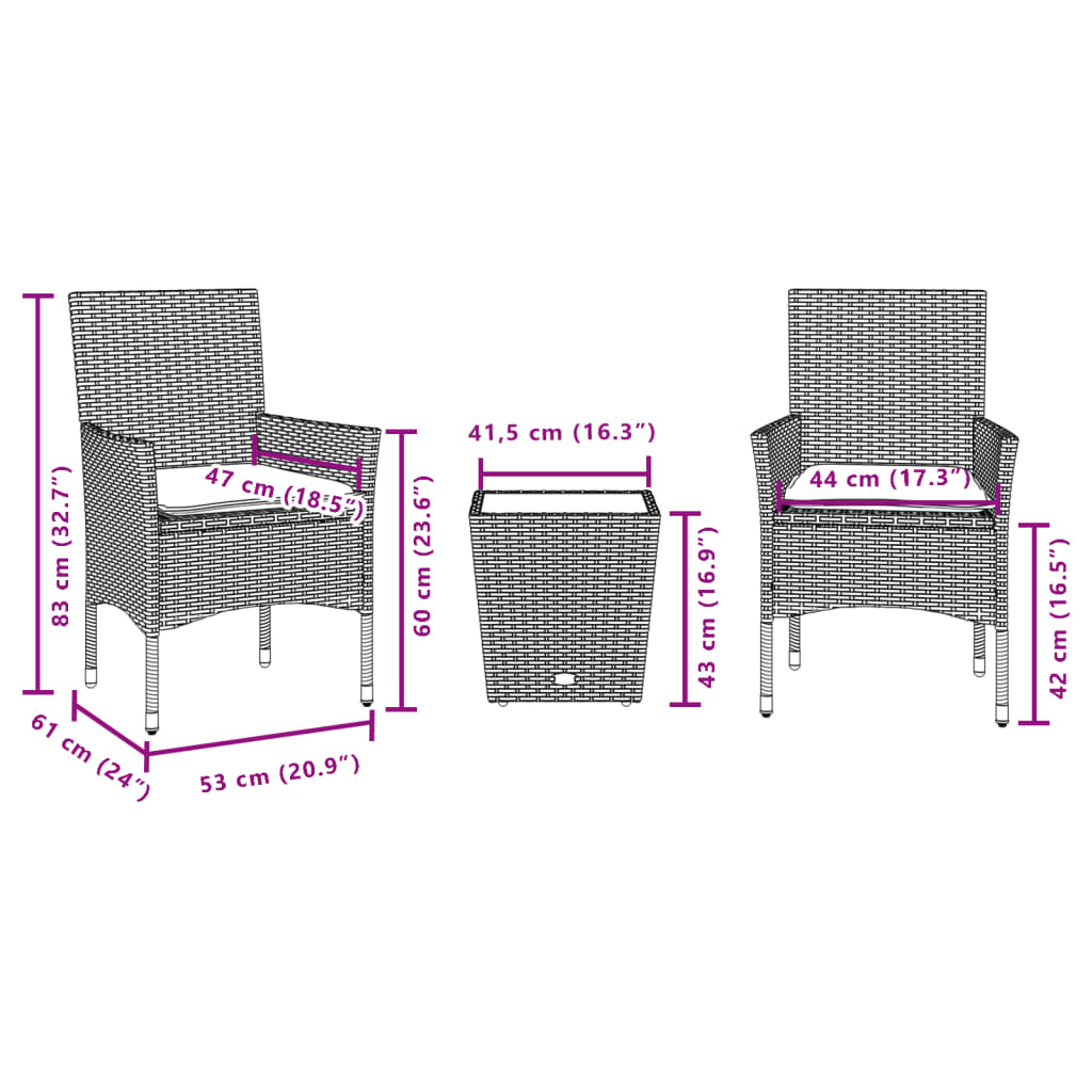 3 részes szürke polyrattan/üveg bisztrógarnitúra párnákkal