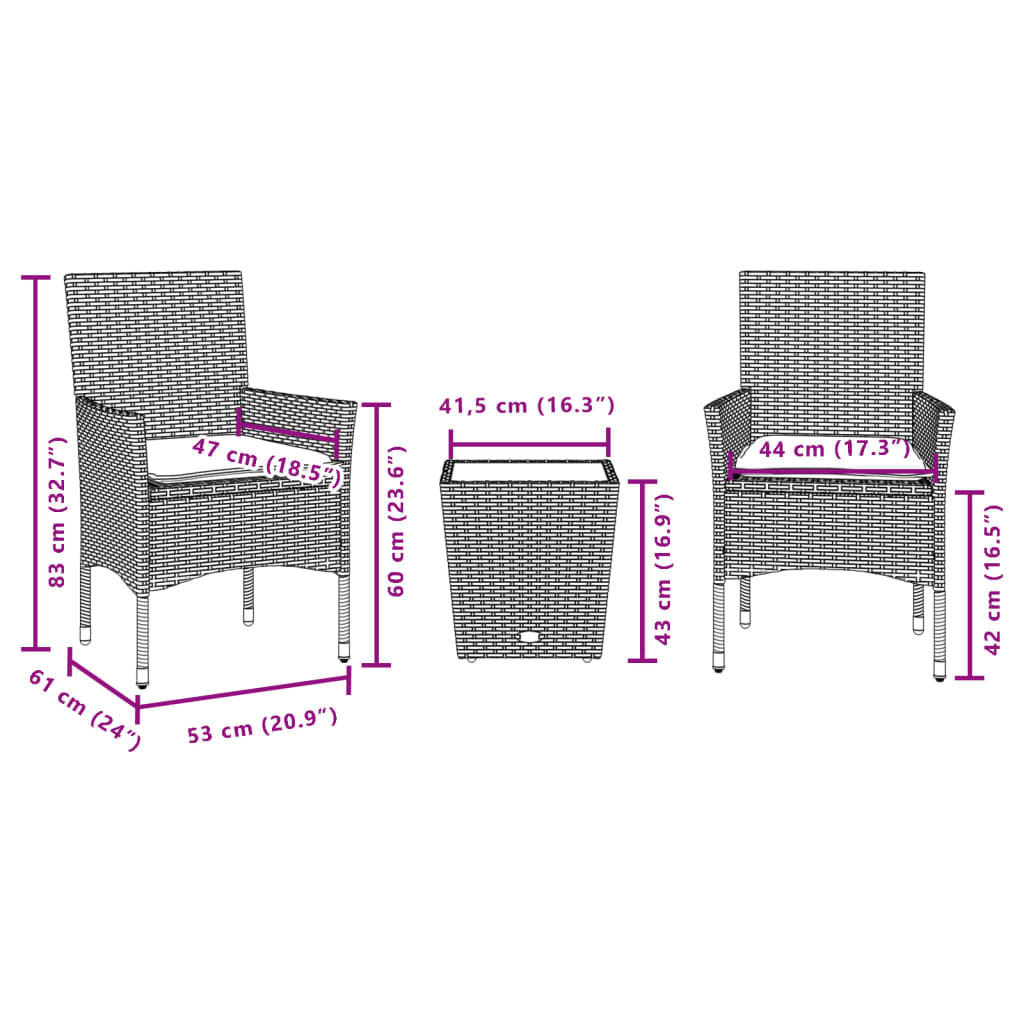 3 részes bézs polyrattan/üveg bisztrógarnitúra párnával