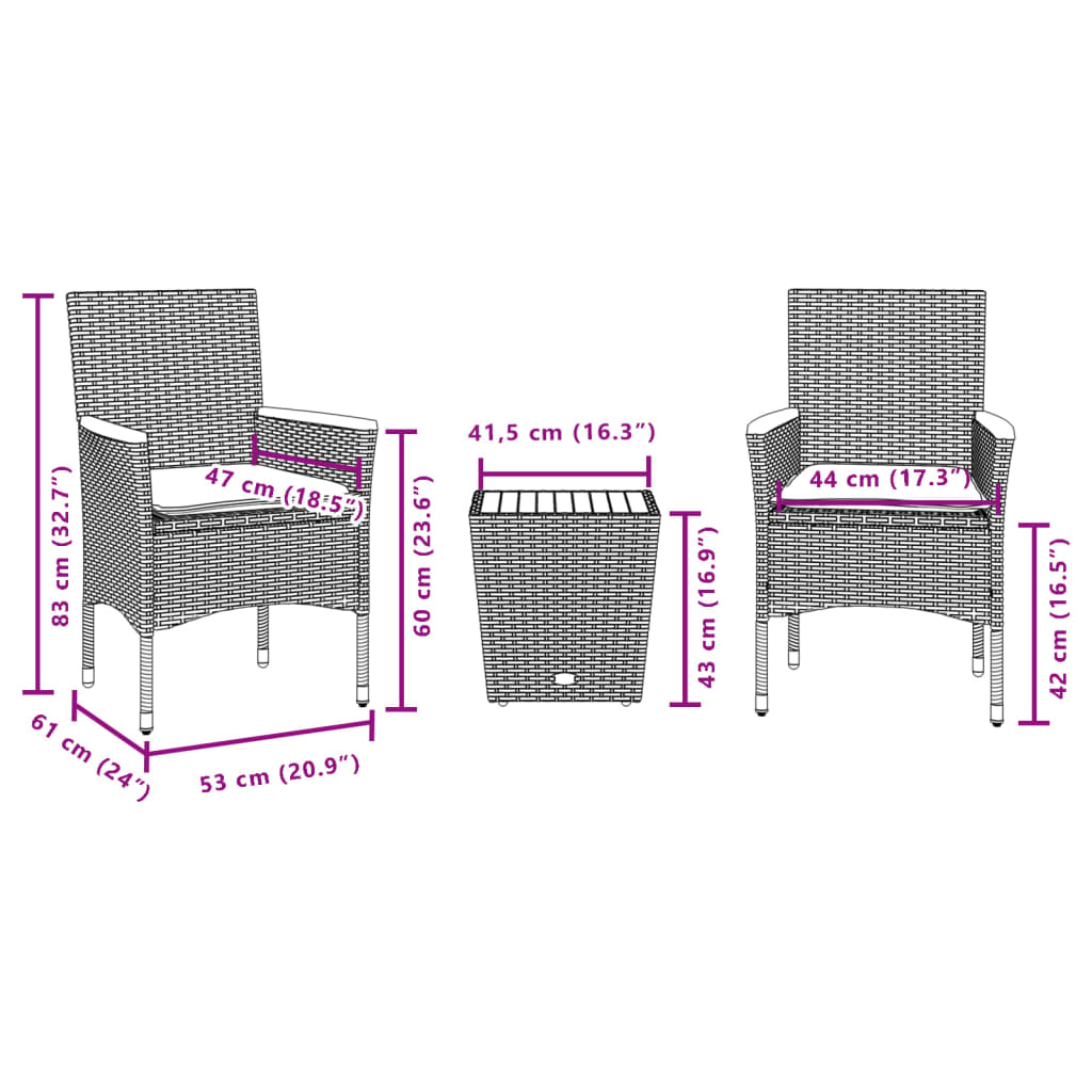 3 részes szürke polyrattan/üveg bisztrógarnitúra párnákkal