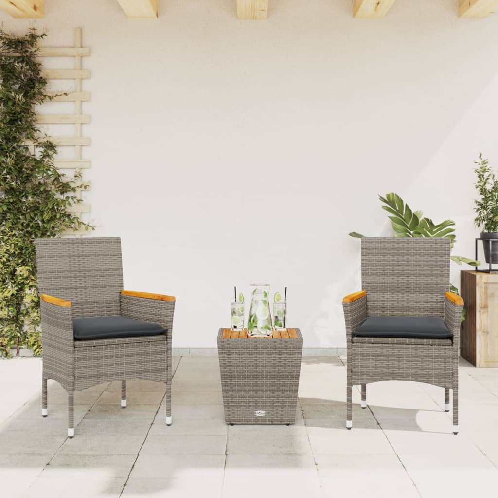 3 részes szürke polyrattan/üveg bisztrógarnitúra párnákkal