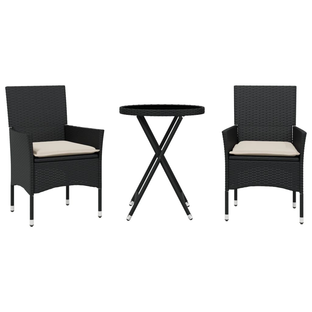 3 részes fekete polyrattan/üveg bisztrógarnitúra párnával