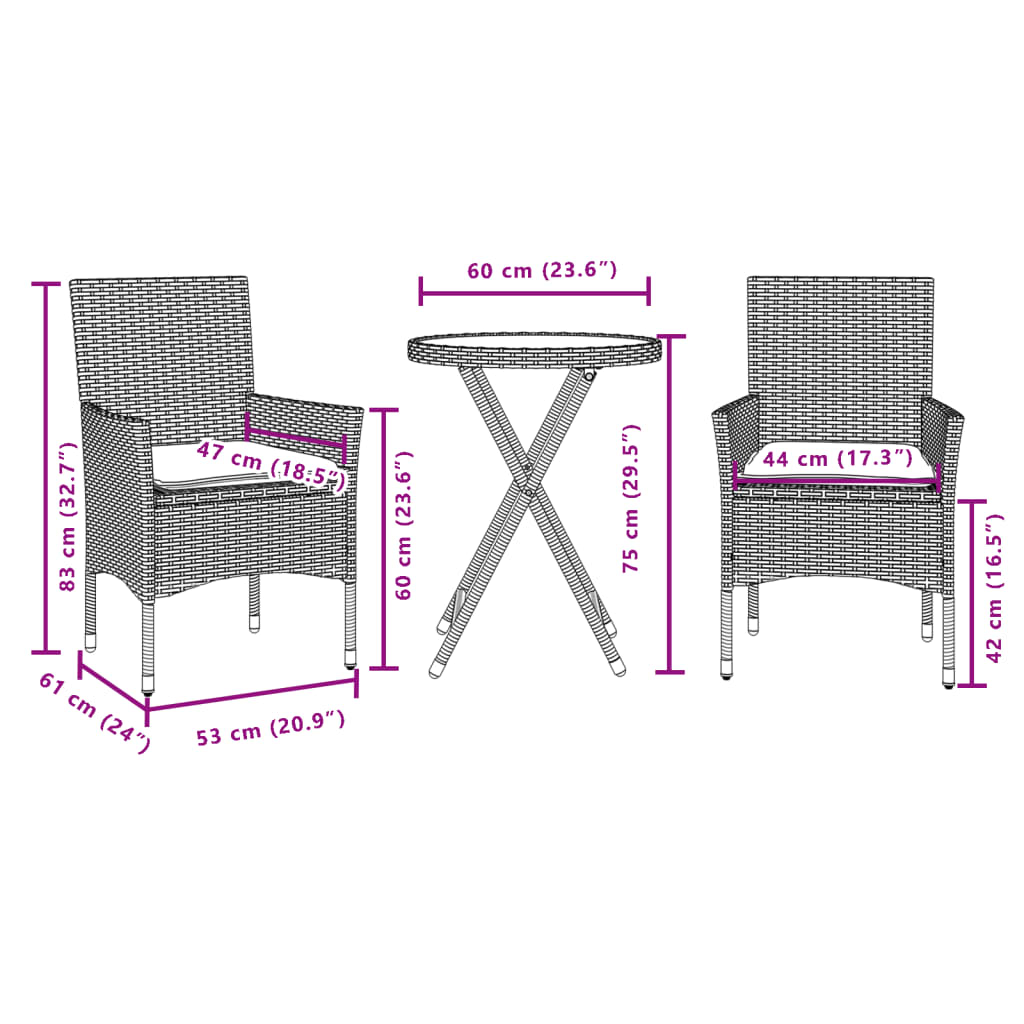 3 részes fekete polyrattan/üveg bisztrógarnitúra párnával