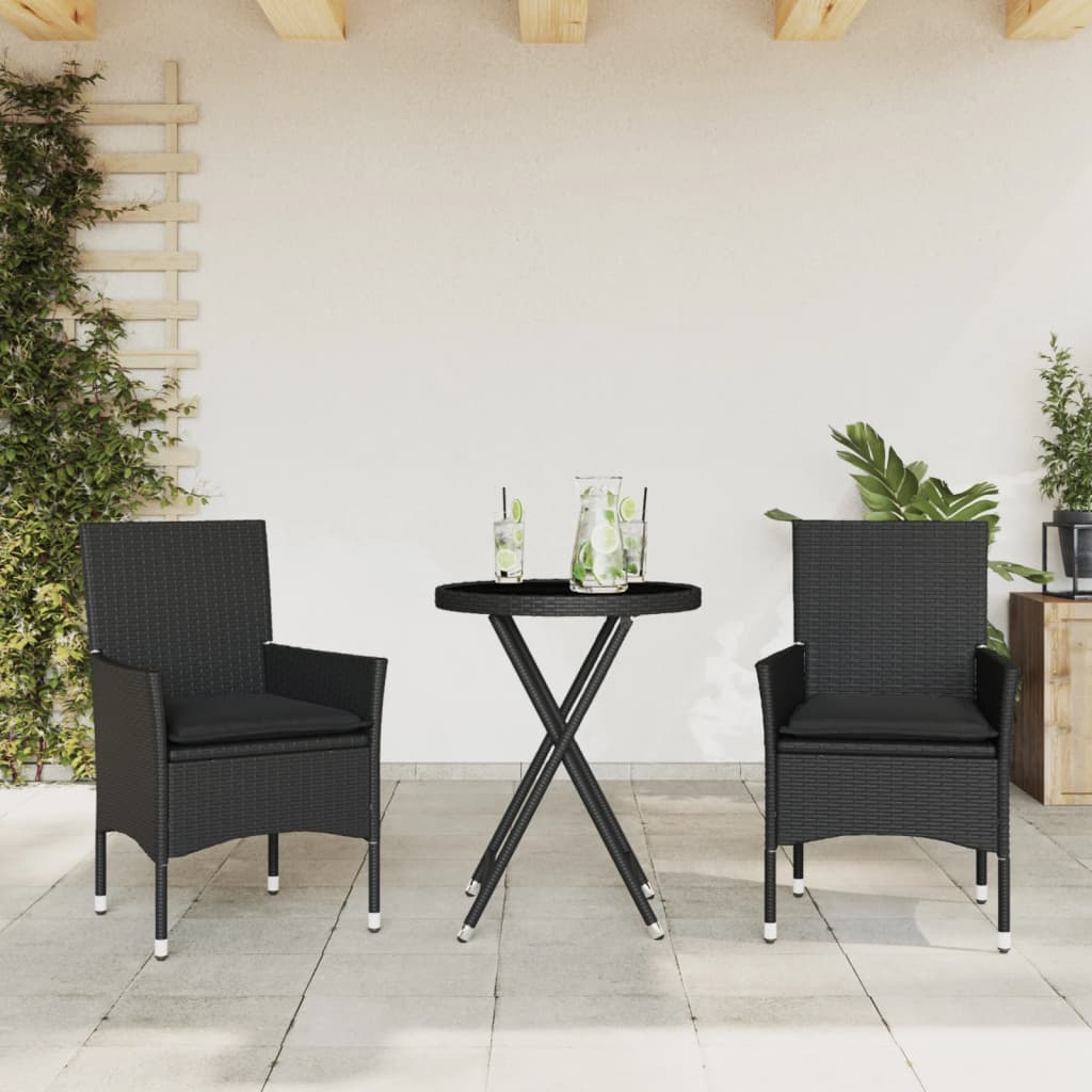 3 részes fekete polyrattan/üveg bisztrógarnitúra párnával