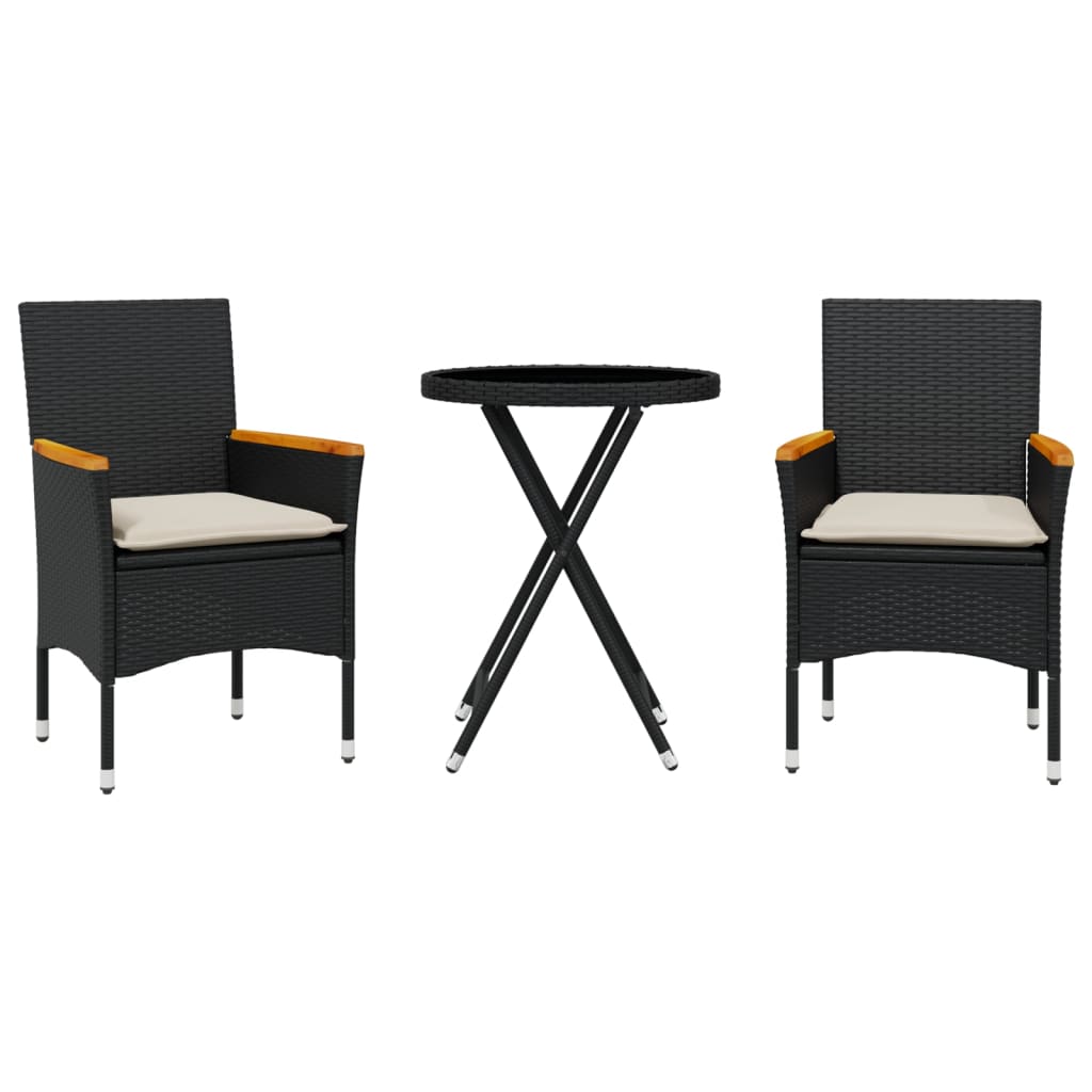 3 részes fekete polyrattan/üveg bisztrógarnitúra párnával