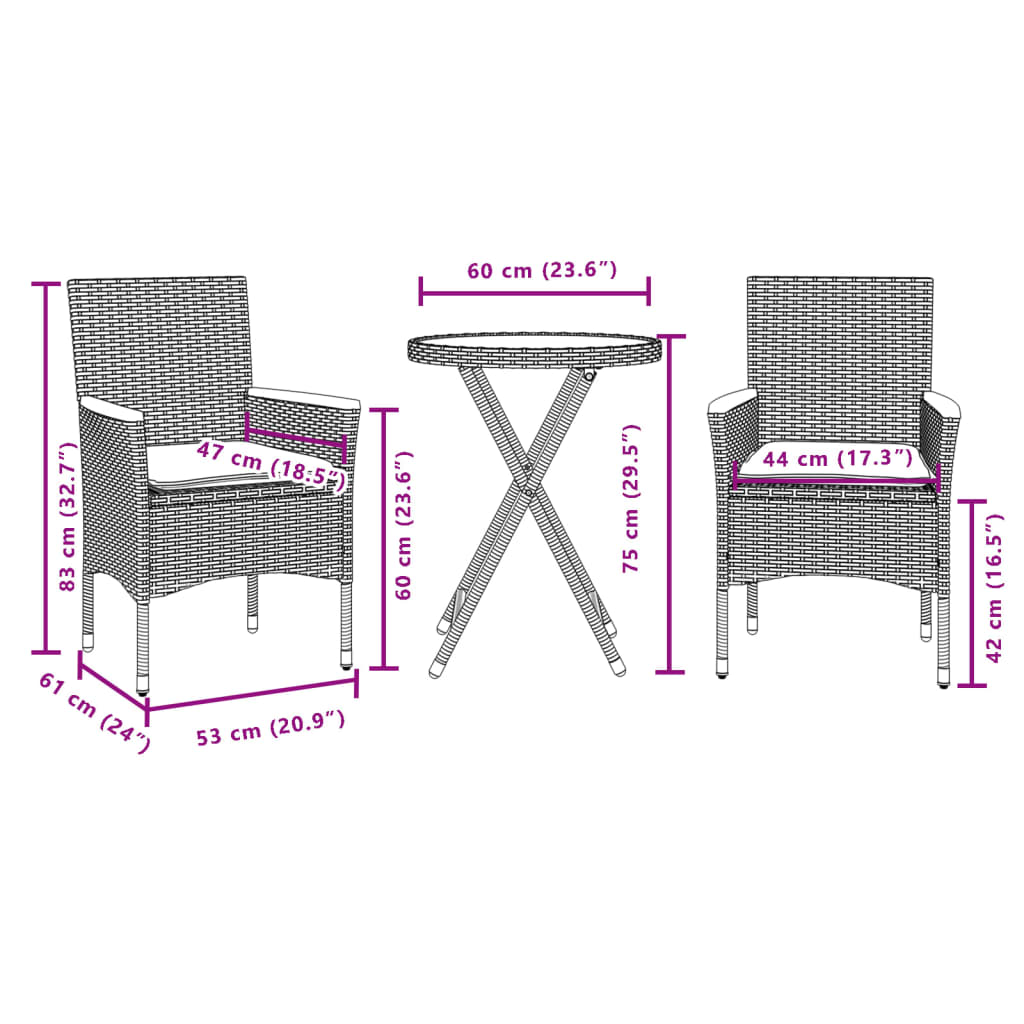 3 részes fekete polyrattan/üveg bisztrógarnitúra párnával