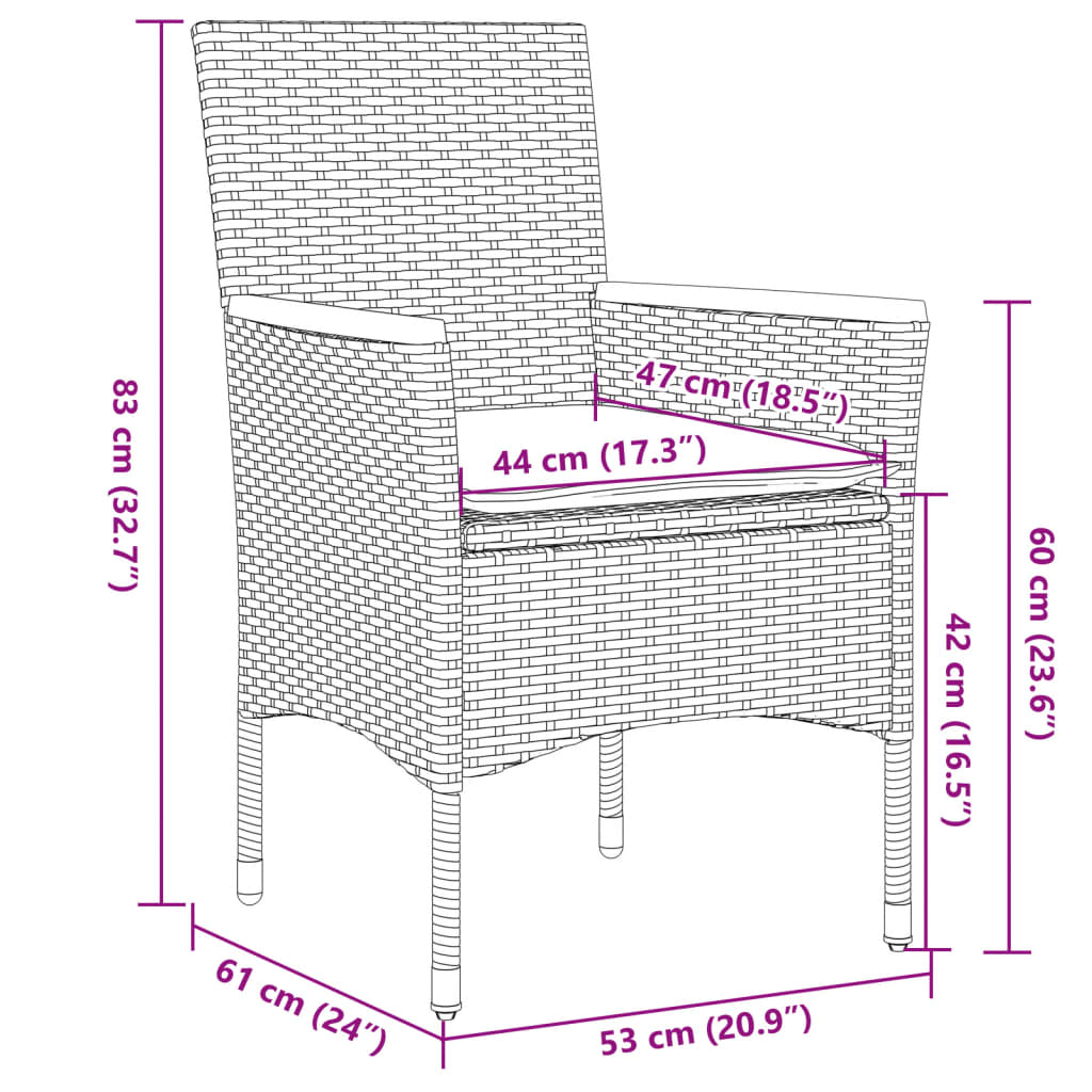 3 részes szürke polyrattan és akácfa bisztrószett párnákkal