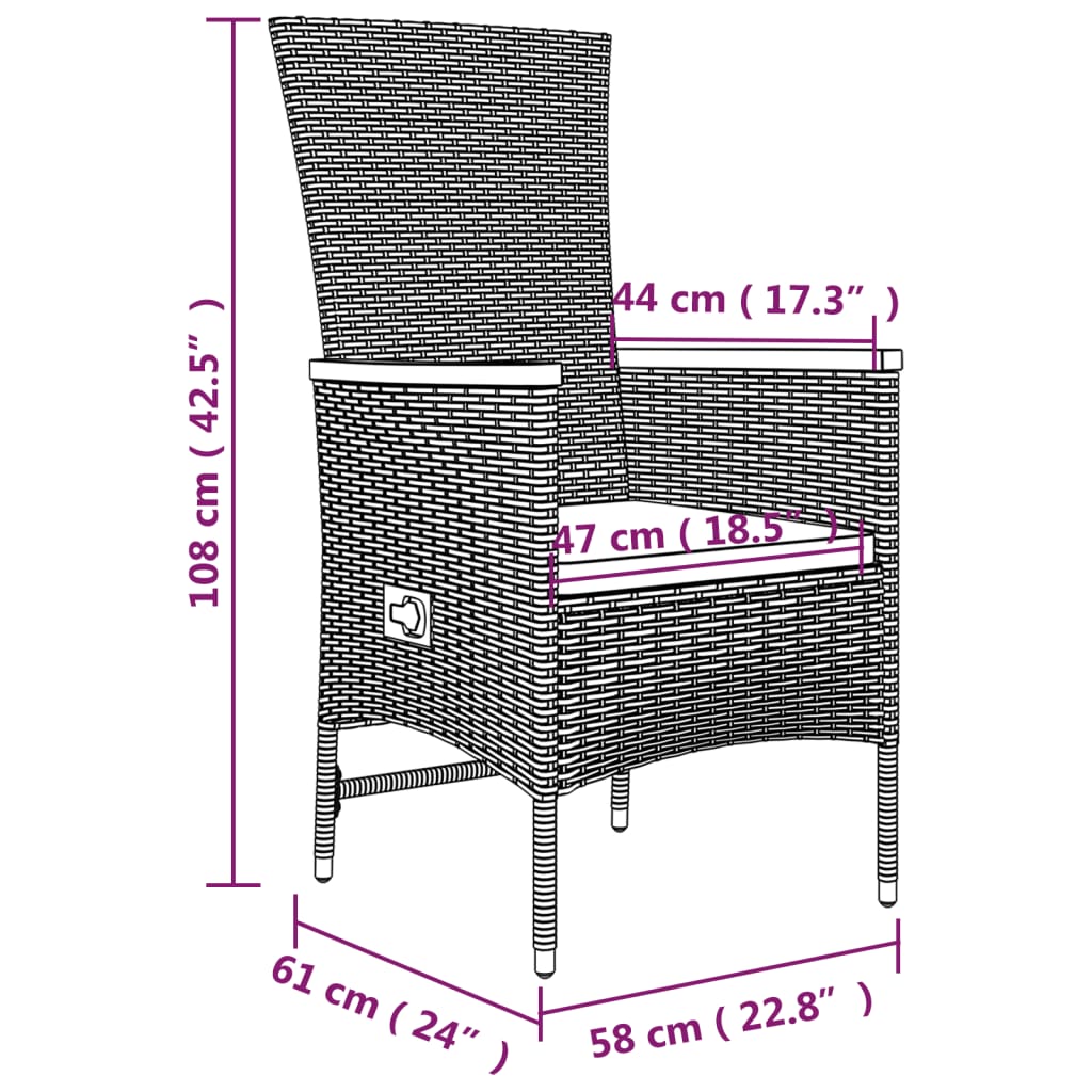 3 részes fekete polyrattan kerti étkezőgarnitúra párnákkal