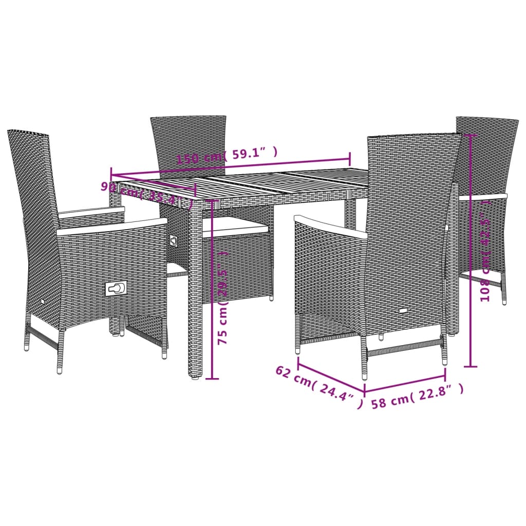 5 részes fekete polyrattan kerti étkezőgarnitúra párnákkal