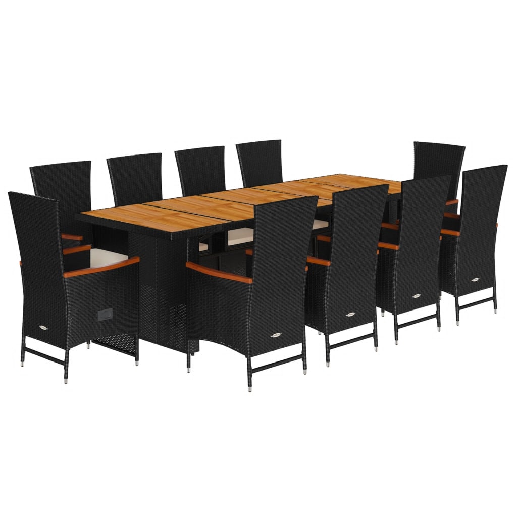 11 részes fekete polyrattan kerti étkezőgarnitúra párnákkal