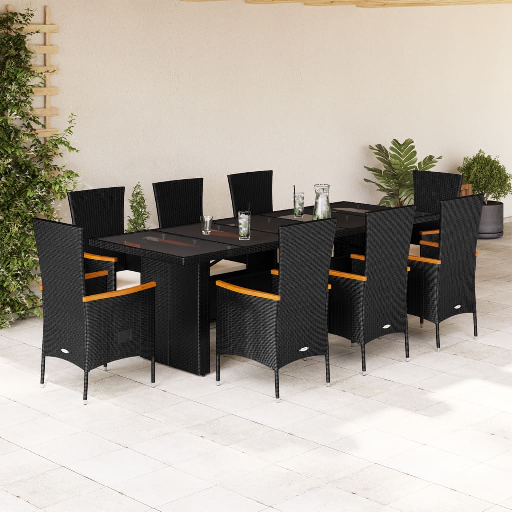 9 részes fekete polyrattan kerti étkezőgarnitúra párnákkal