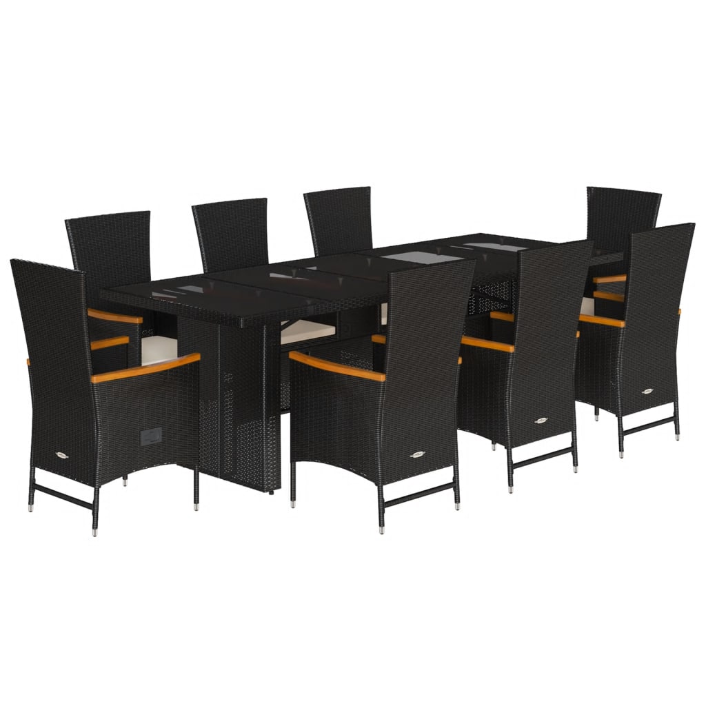 9 részes fekete polyrattan kerti étkezőgarnitúra párnákkal