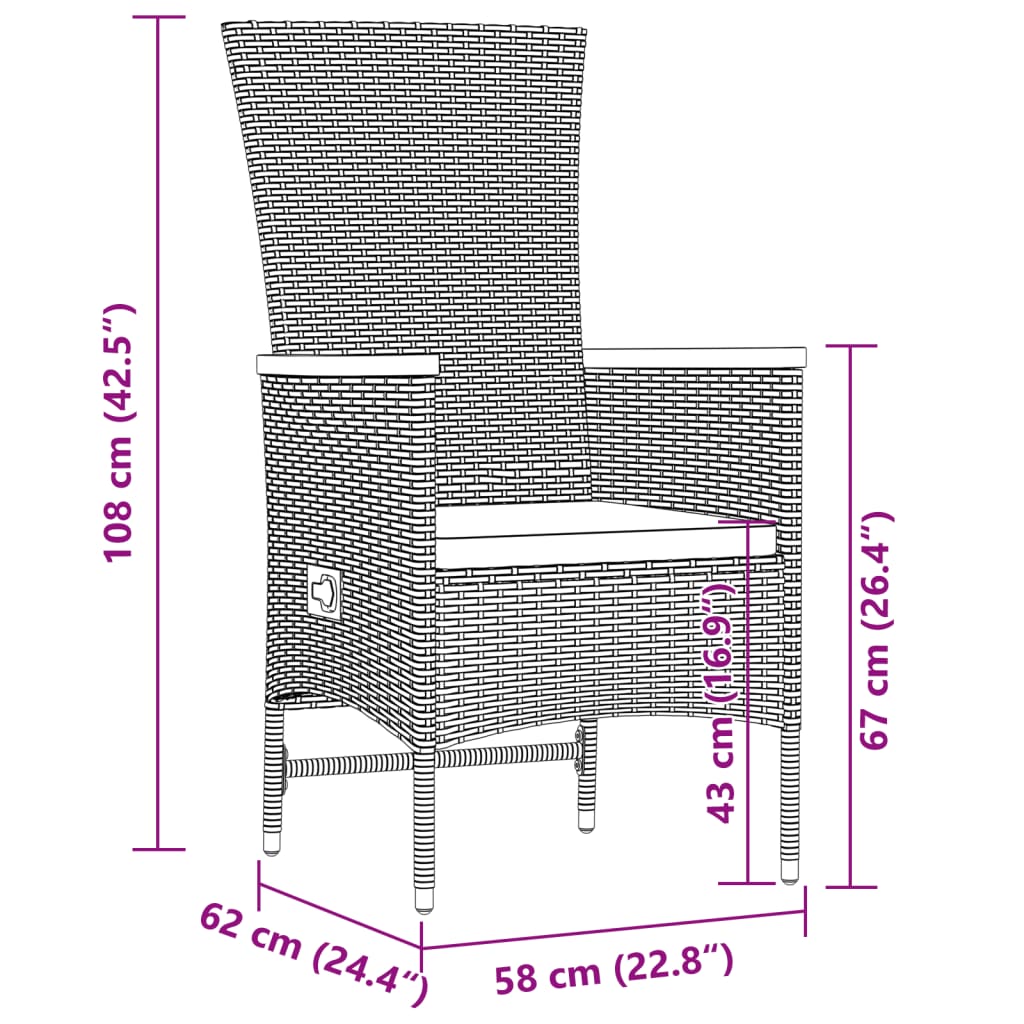 9 részes fekete polyrattan kerti étkezőgarnitúra párnákkal