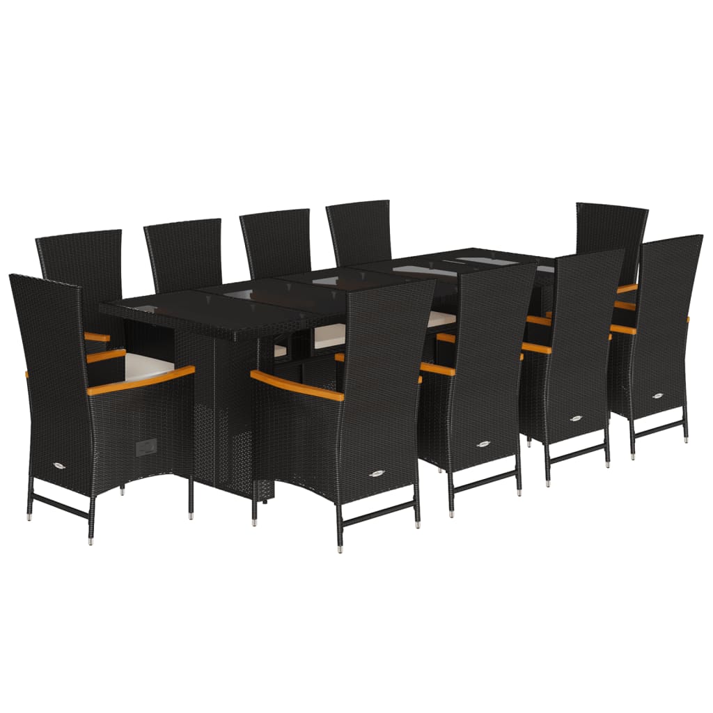 11 részes fekete polyrattan kerti étkezőgarnitúra párnákkal