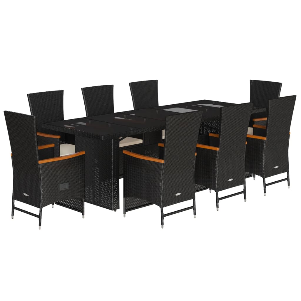 9 részes fekete polyrattan kerti étkezőgarnitúra párnákkal