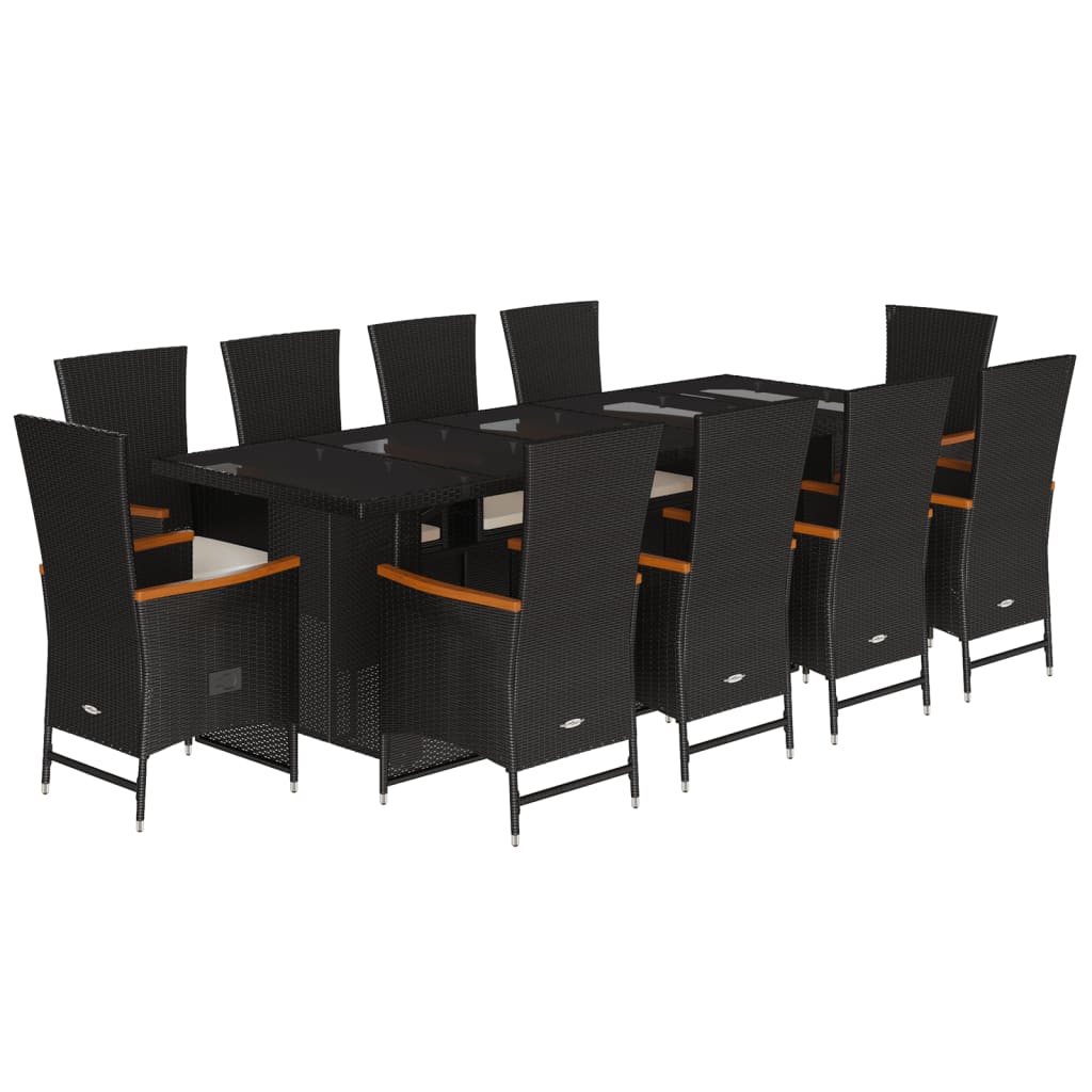 11 részes fekete polyrattan kerti étkezőgarnitúra párnákkal