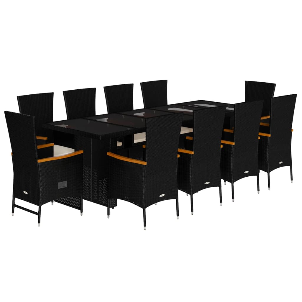 11 részes fekete polyrattan kerti étkezőgarnitúra párnákkal
