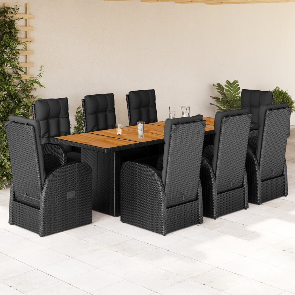 9 részes fekete polyrattan kerti étkezőgarnitúra párnákkal